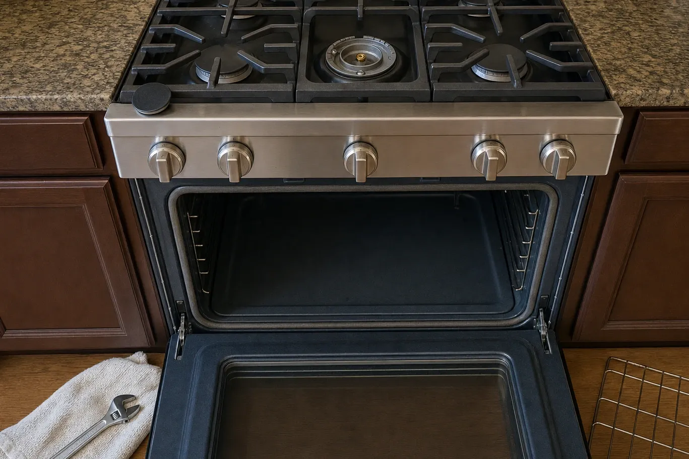Front-on view of a gas range with the centre burner stripped to its brass orifice and the oven door open