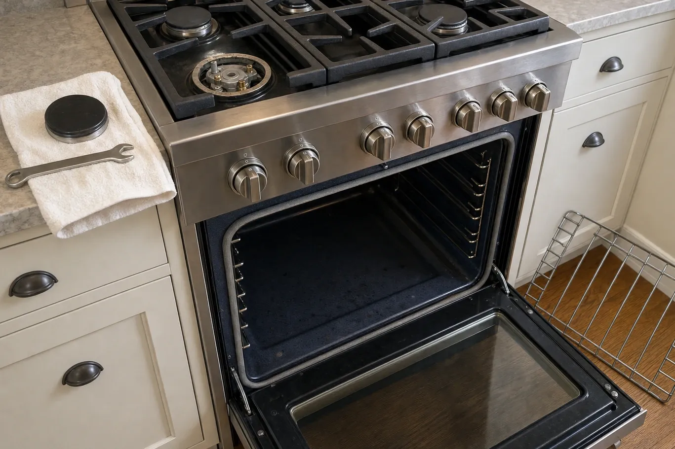 Gas range in a cream painted kitchen with the front burner opened up and a spare cap and wrench on the counter