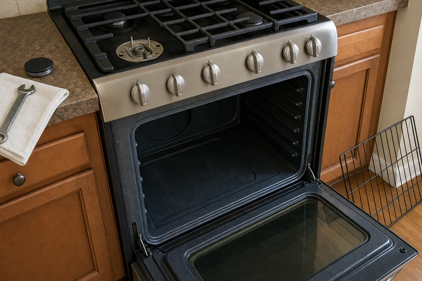 Gas range in an oak kitchen with the front-left burner opened, showing two igniter electrodes beside the burner base